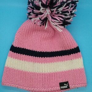 Puma Pink Black White Beanie With Pom